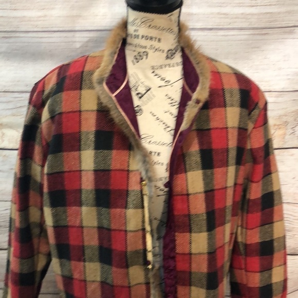 Fur Trimmed Plaid Brocade Jacket REVERSIBLE Button Down Handmade Funky Artsy - Picture 4 of 16